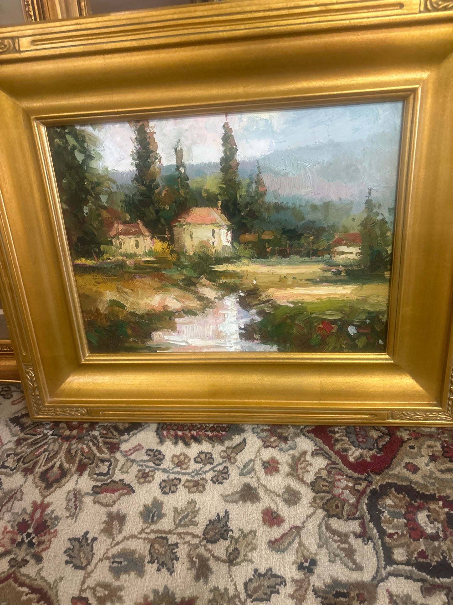 Oil Painting of Rustic Period Landscape w/ Cottage in Gold Frame (23x19)