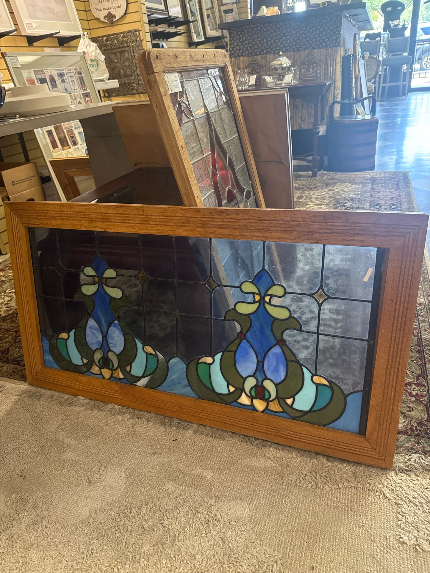 (2'x3')Late Victorian-style Rectangular Stained Leaded Glass Transom Window Pane