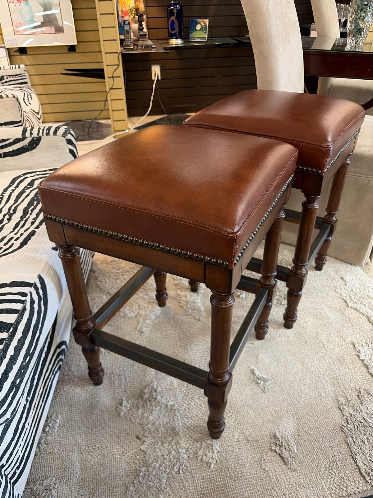 Frontgate PAIR Open-back Camel Color Square Counter Stools w/Nail Heads