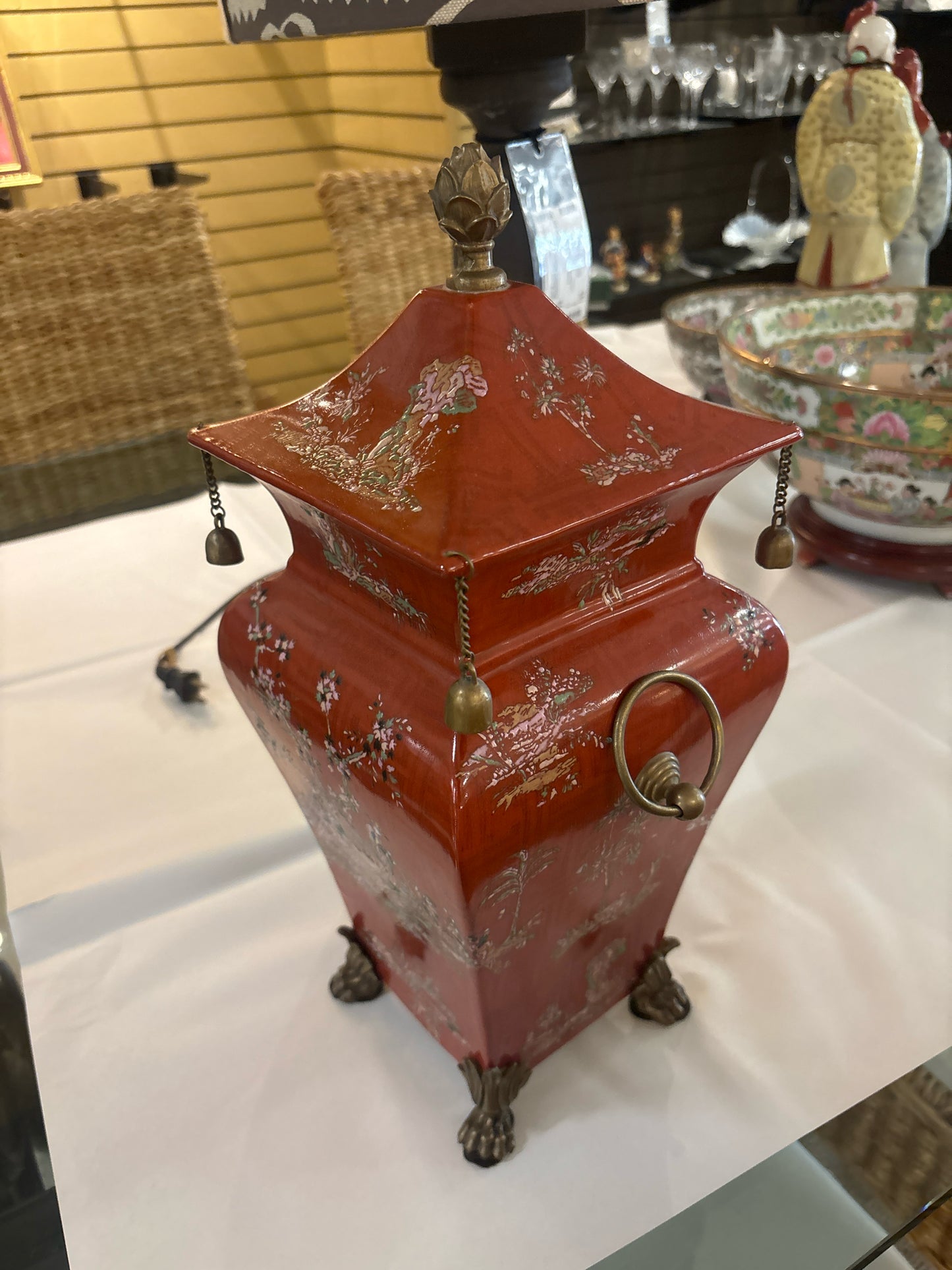 Hand Painted Chinoiserie Square Ginger Jar w/ Lid