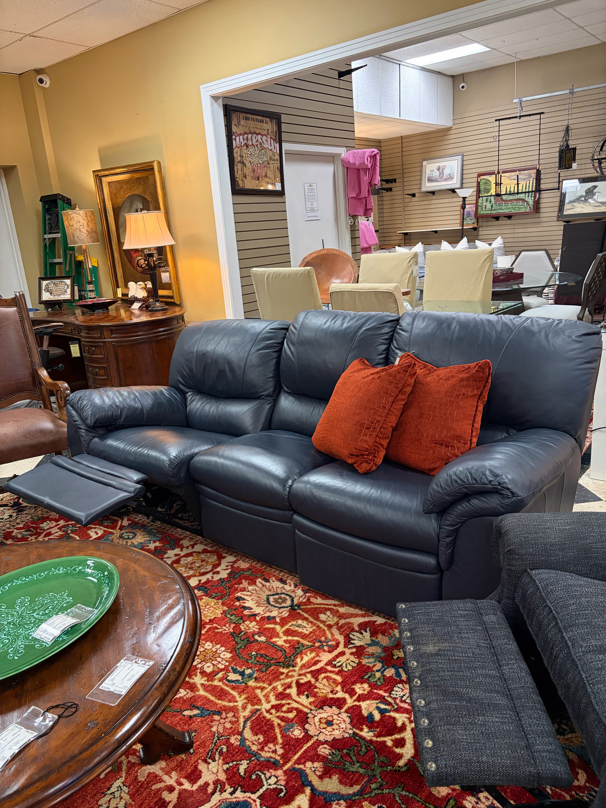 Natuzzi Navy Leather Sofa w/2 Manual Recliners