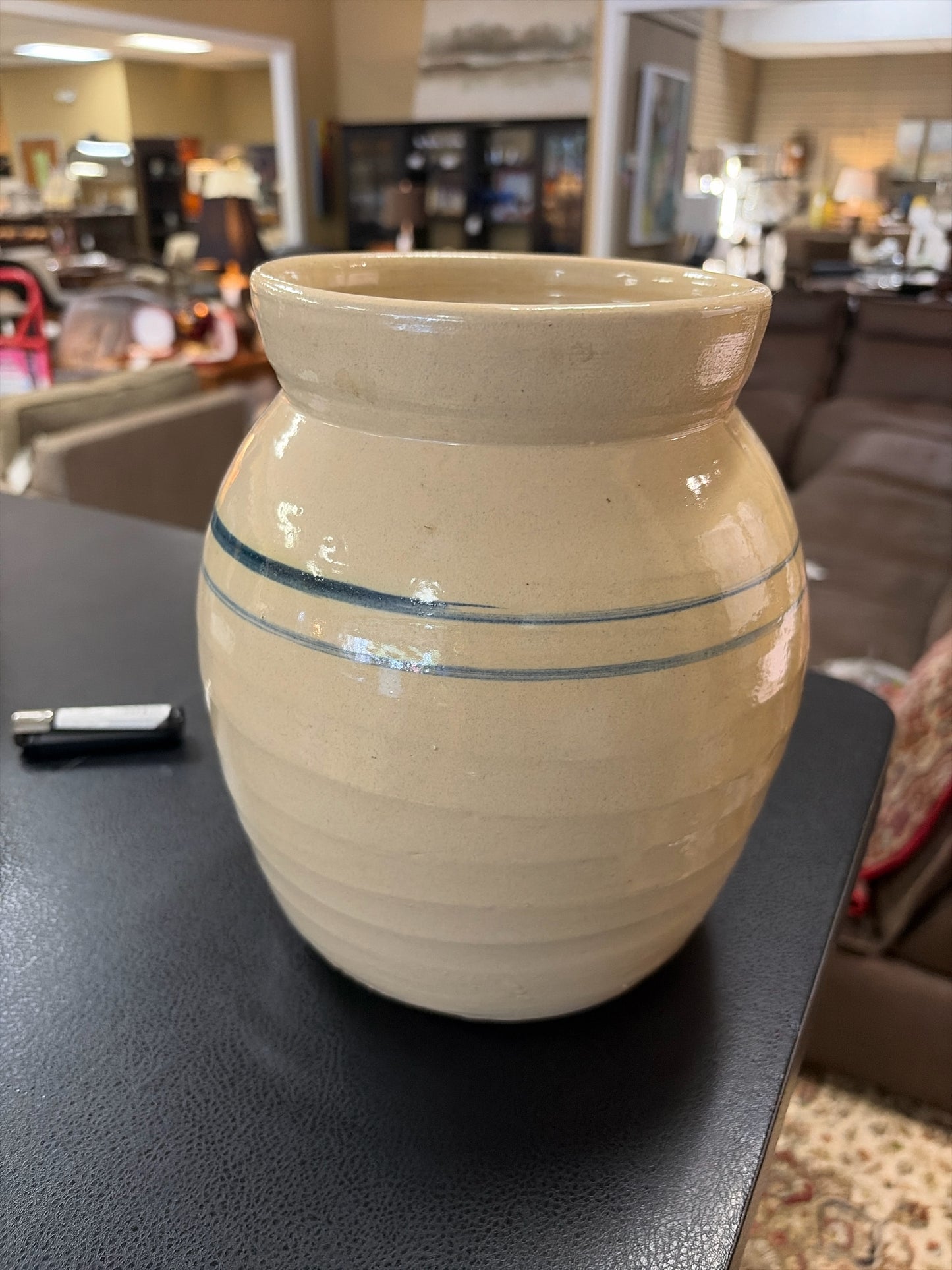 Vintage Cream/Blue Striped Stoneware Jar