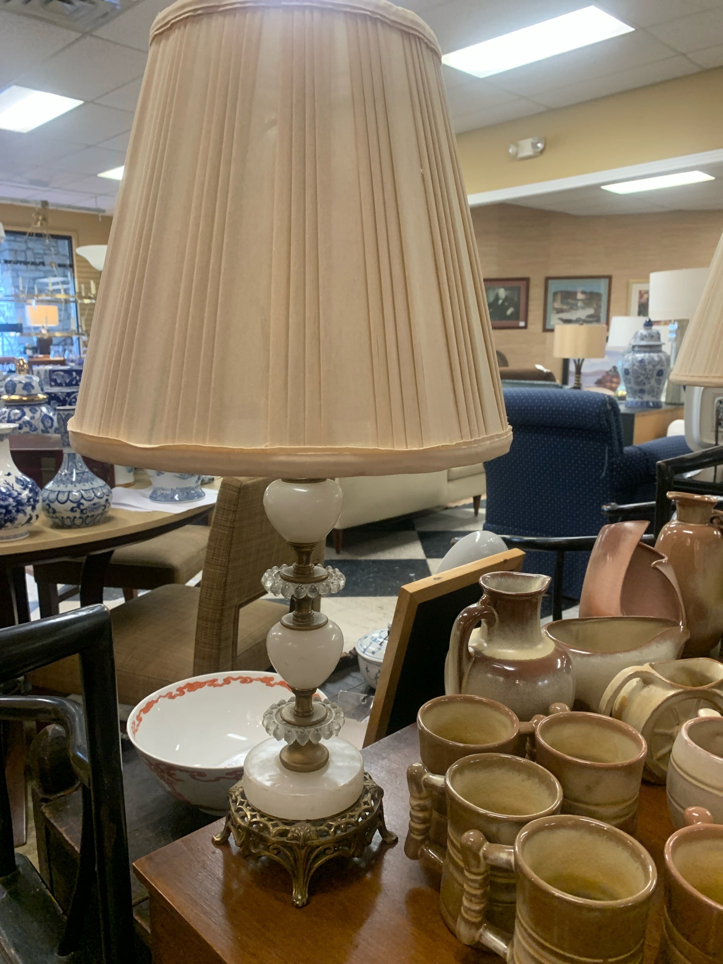 PAIR - 1950's Hollywood Brass & White Table Lamps w/ Pleated Shade 24"