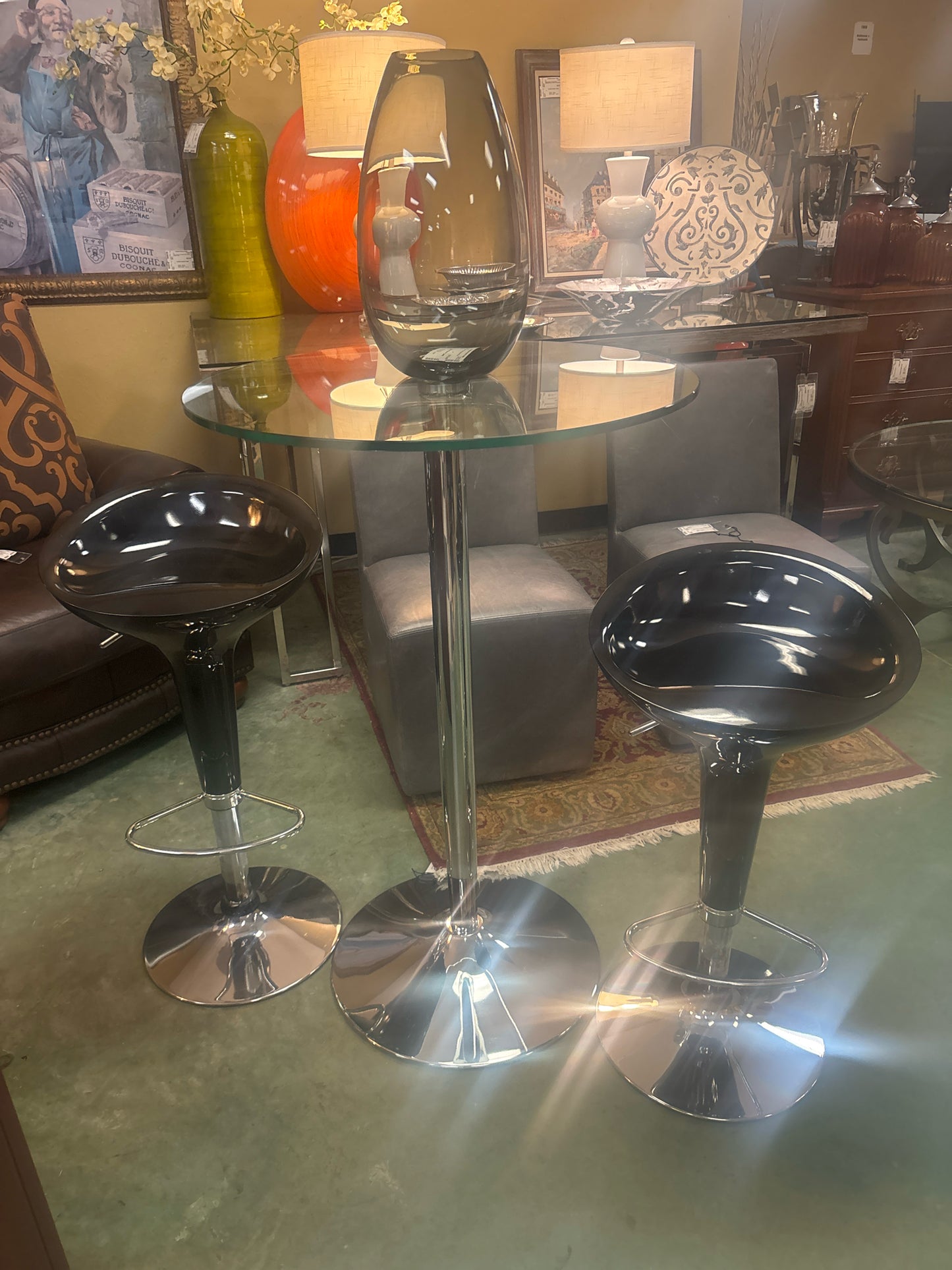 SET - Modern Bistro Round Glass Table w/ Two Adjustable Stools