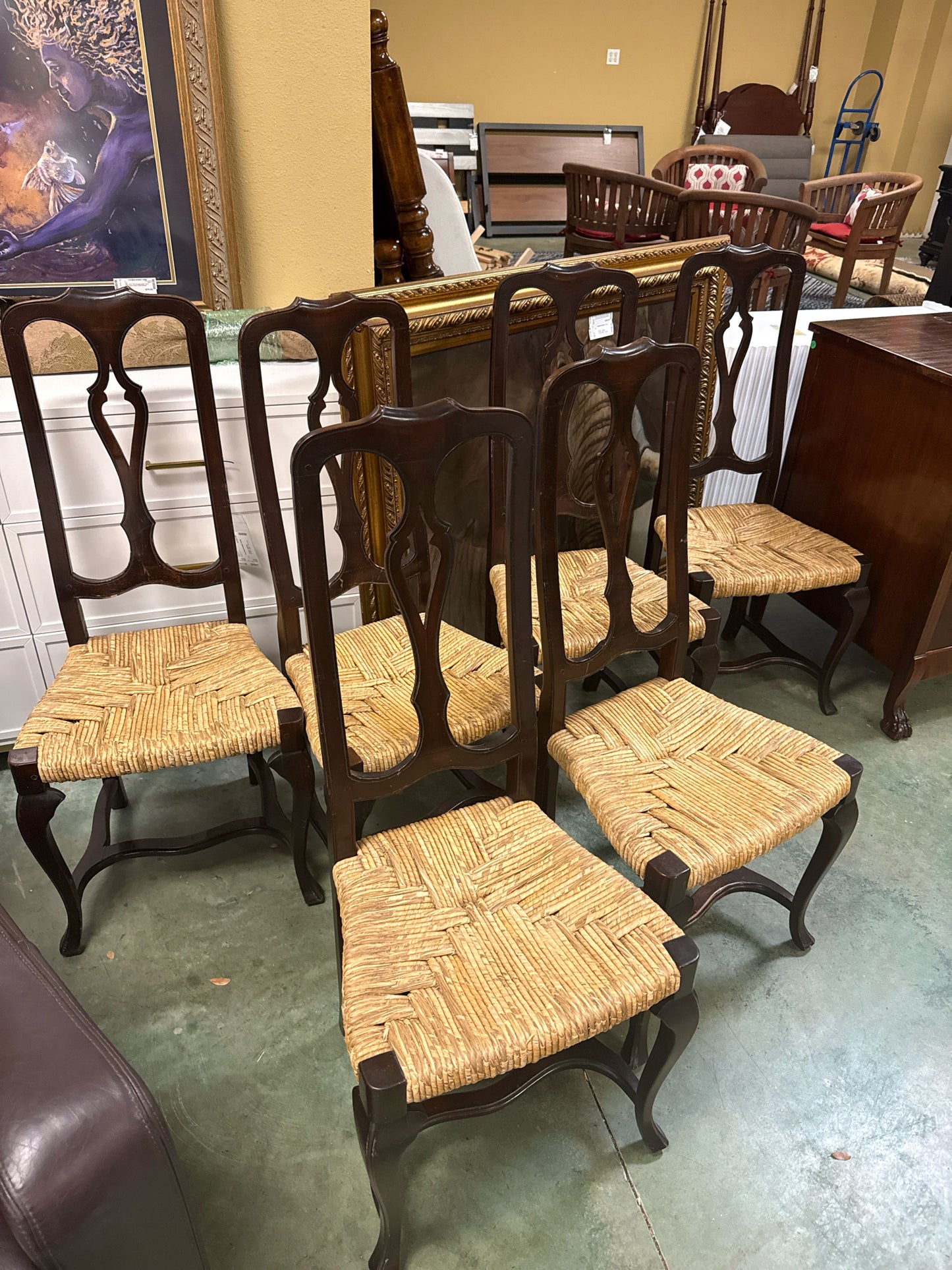 Set of Six French Provincial Walnut Dining Chairs w/ Rush Seats