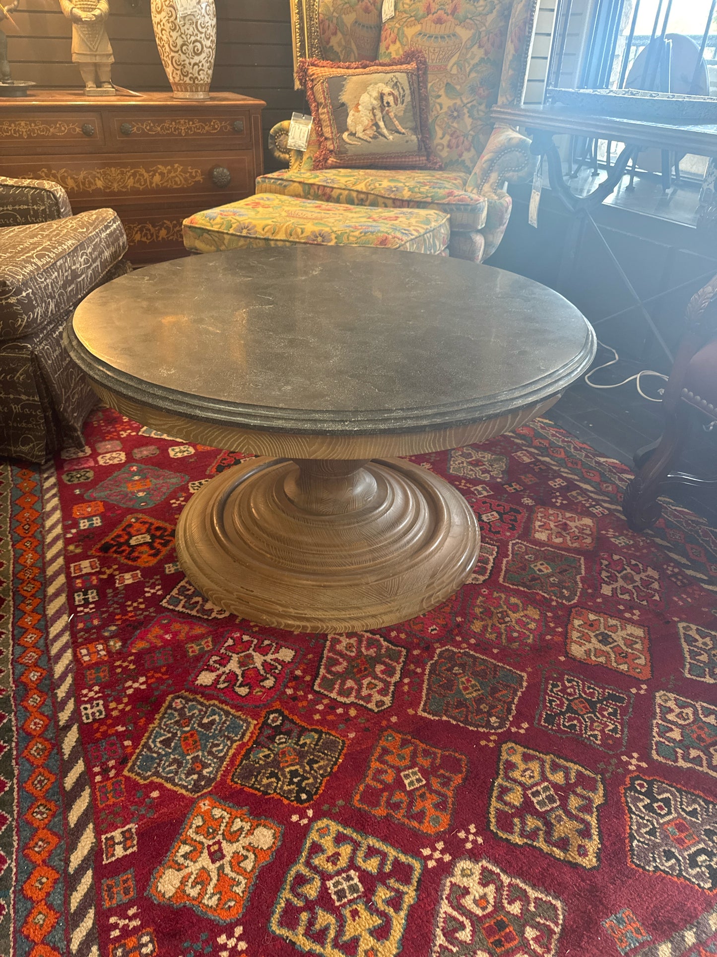 Arhaus 34" Round Luca Wooden Coffee Table w/Bluestone Top