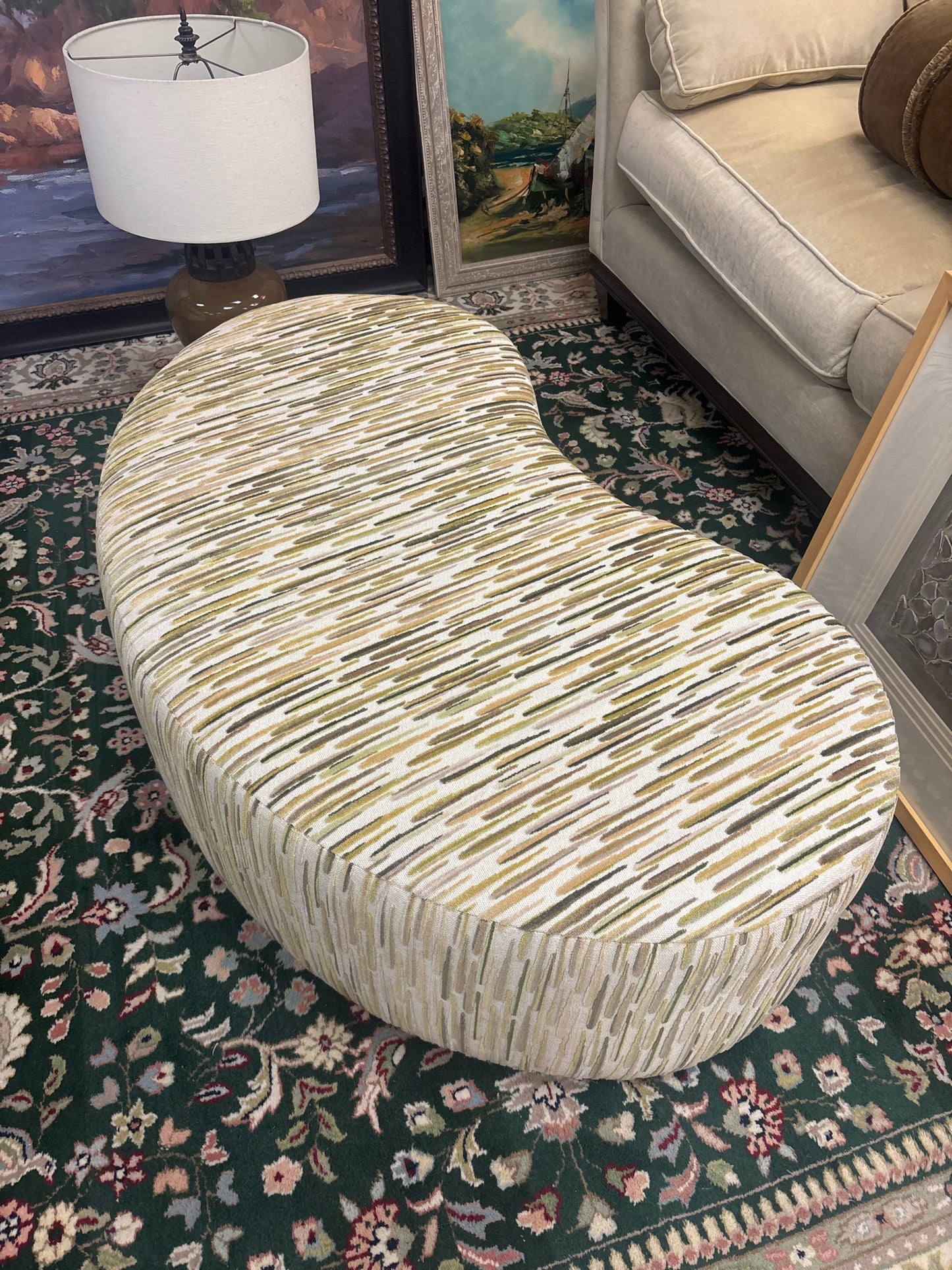 Custom Ambella Home Balance Ottoman White/ Green Oval 51x29x14