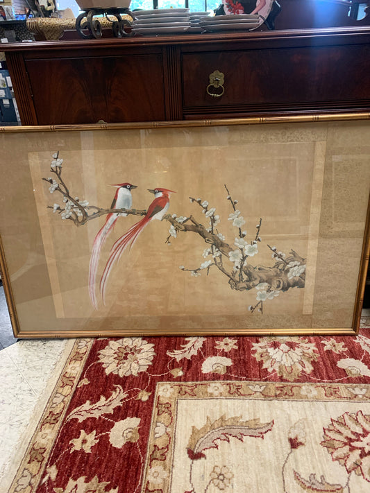 Antique Asian Birds w/ Cherry Blossom Tree in Gold Frame 48x28