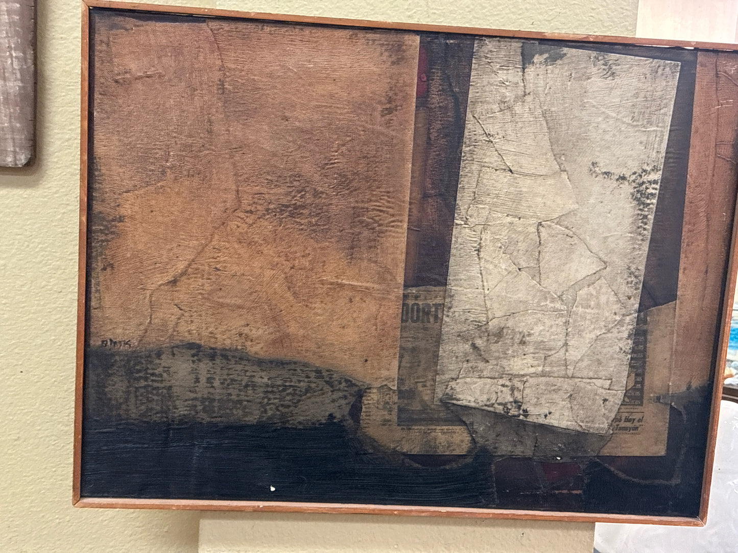 Signed Abstract Art- Browns w/ Newspaper in Wood Frame