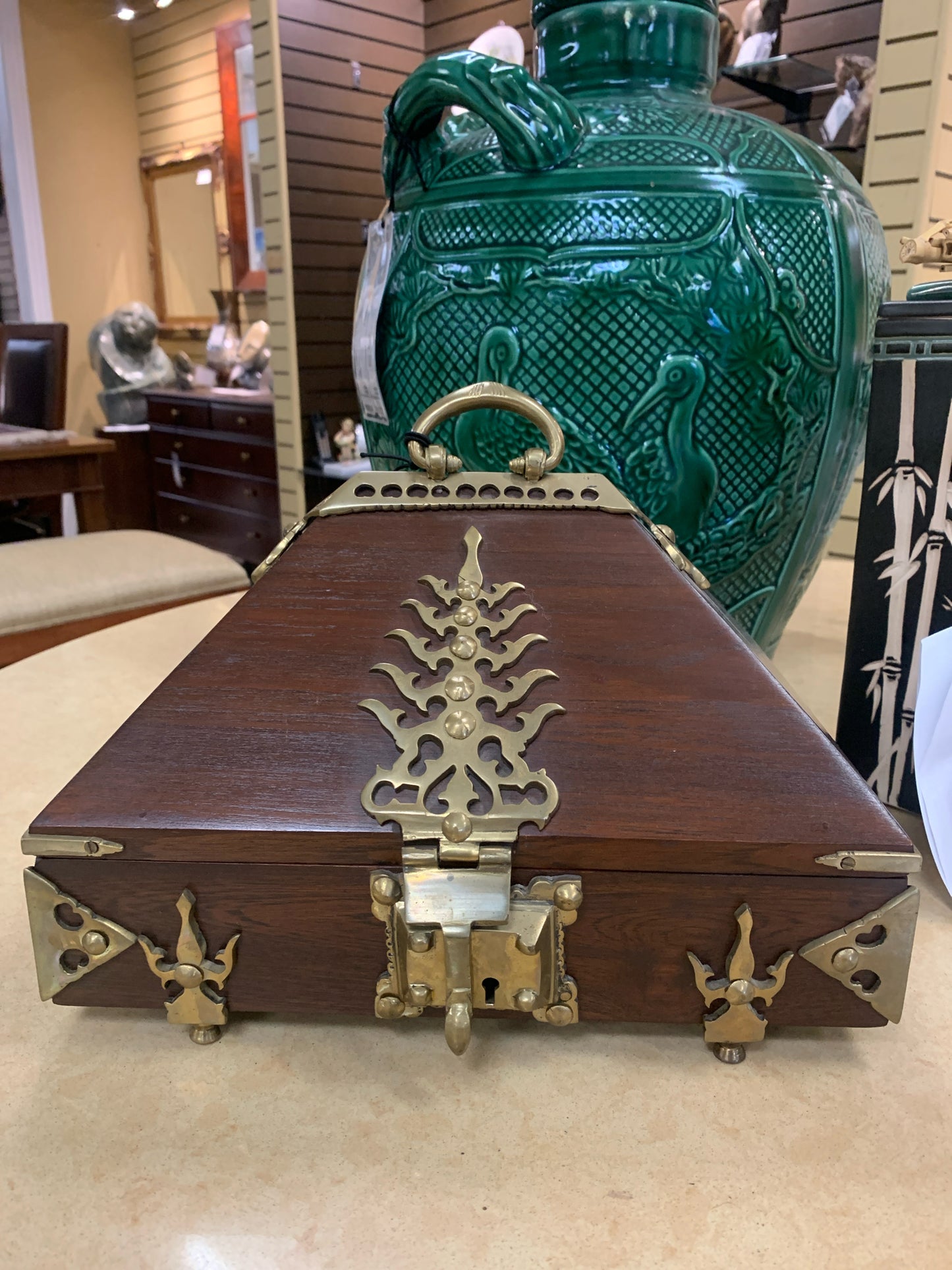Vintage Rosewood Dowry Jewelry Box w/ Brass (1 Key)