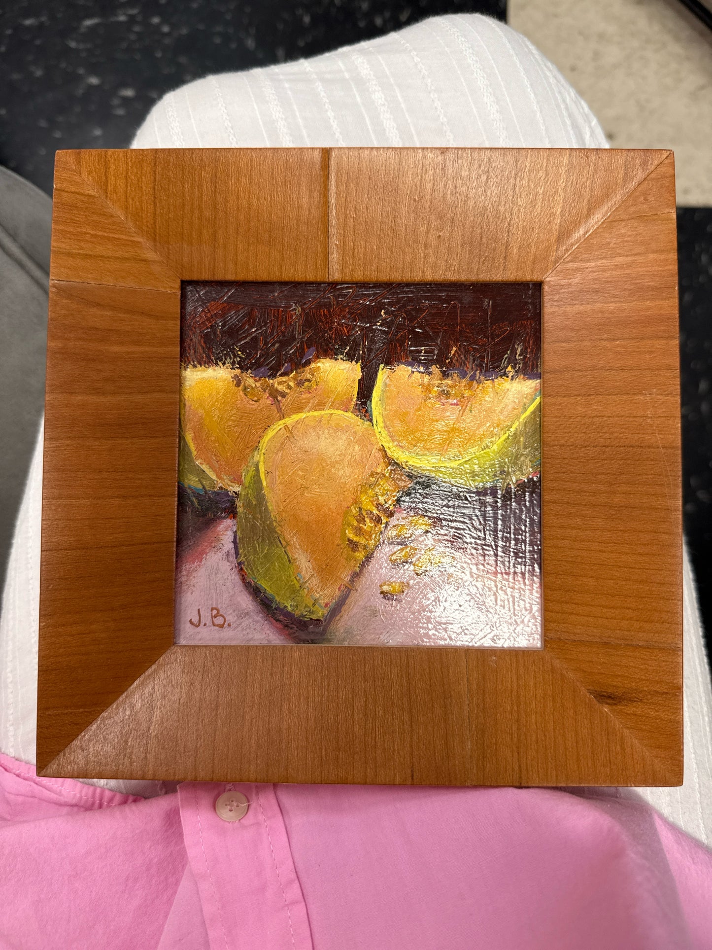 Signed Orig.Oil "Crenshaw Melon" in Light Wood Frame by J.Broussard(5x5)