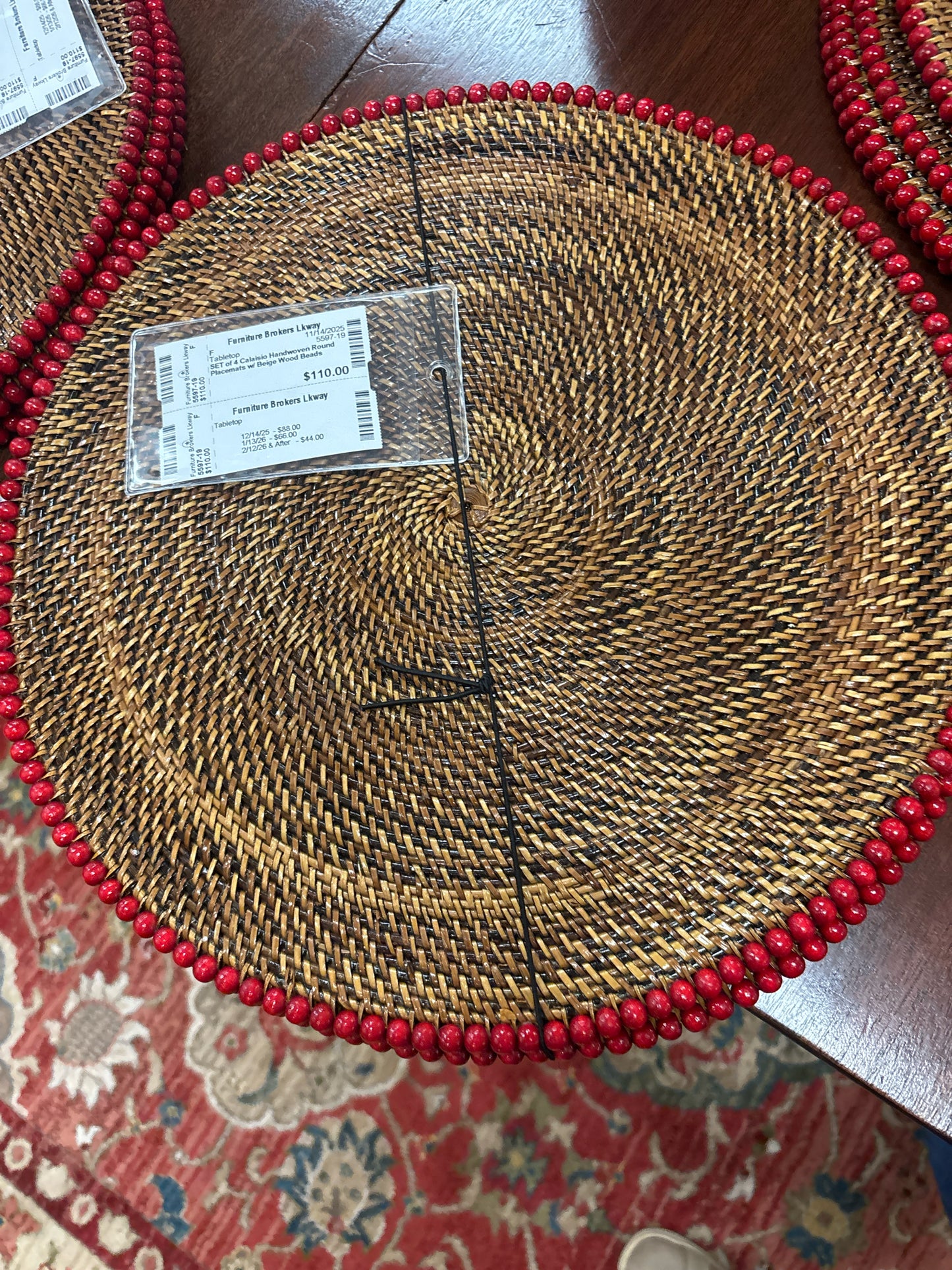 SET of 4 Calaisio Handwoven Round Placemats w/ Beige Wood Beads