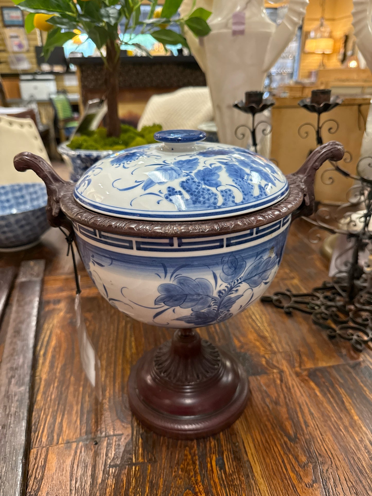 Vintage Maitland Smith Blue & White w/Wood Accents on Wood Footed Vase