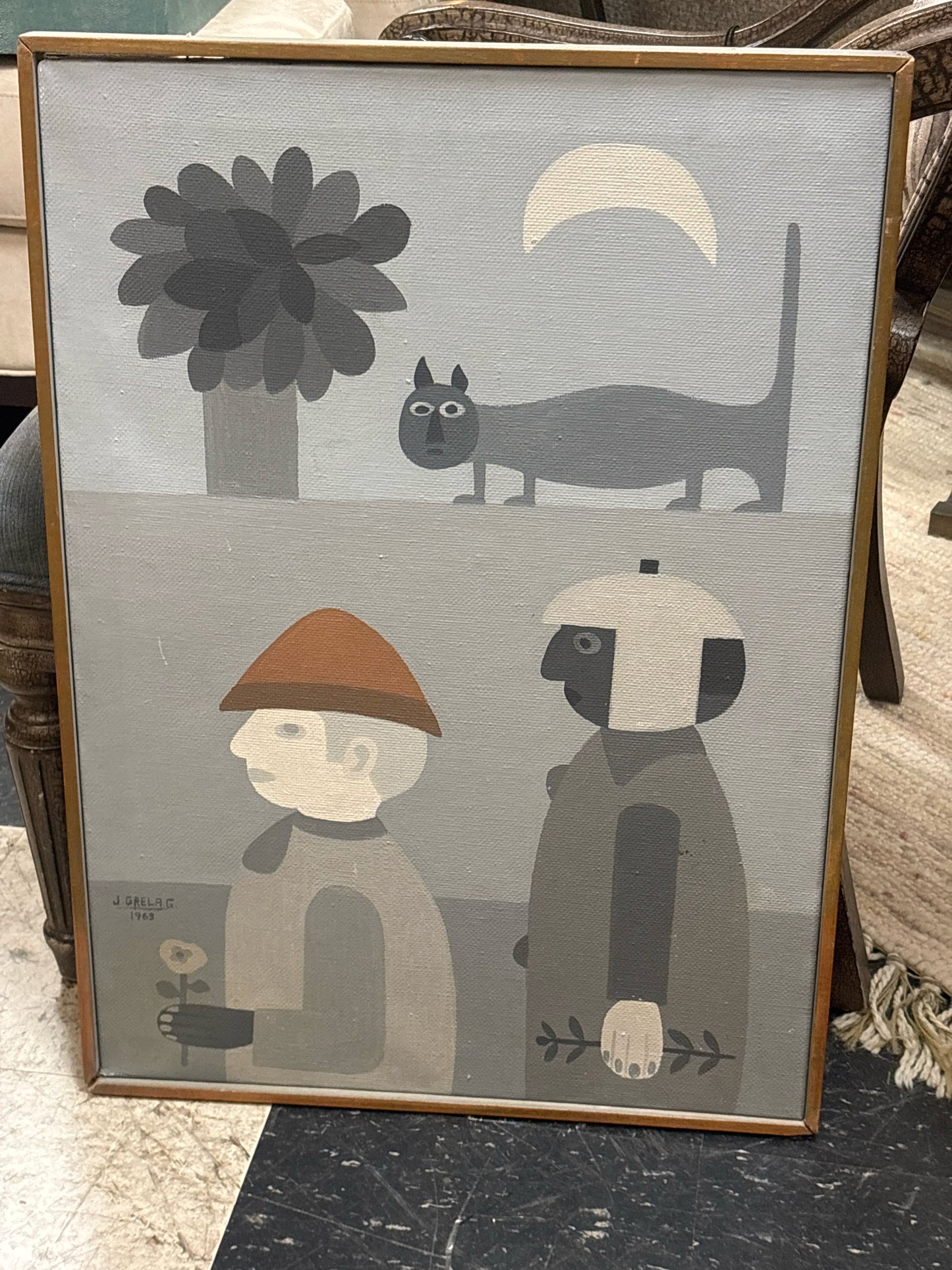 Signed Folk Art by J Grelag- Cat & 2 Boys