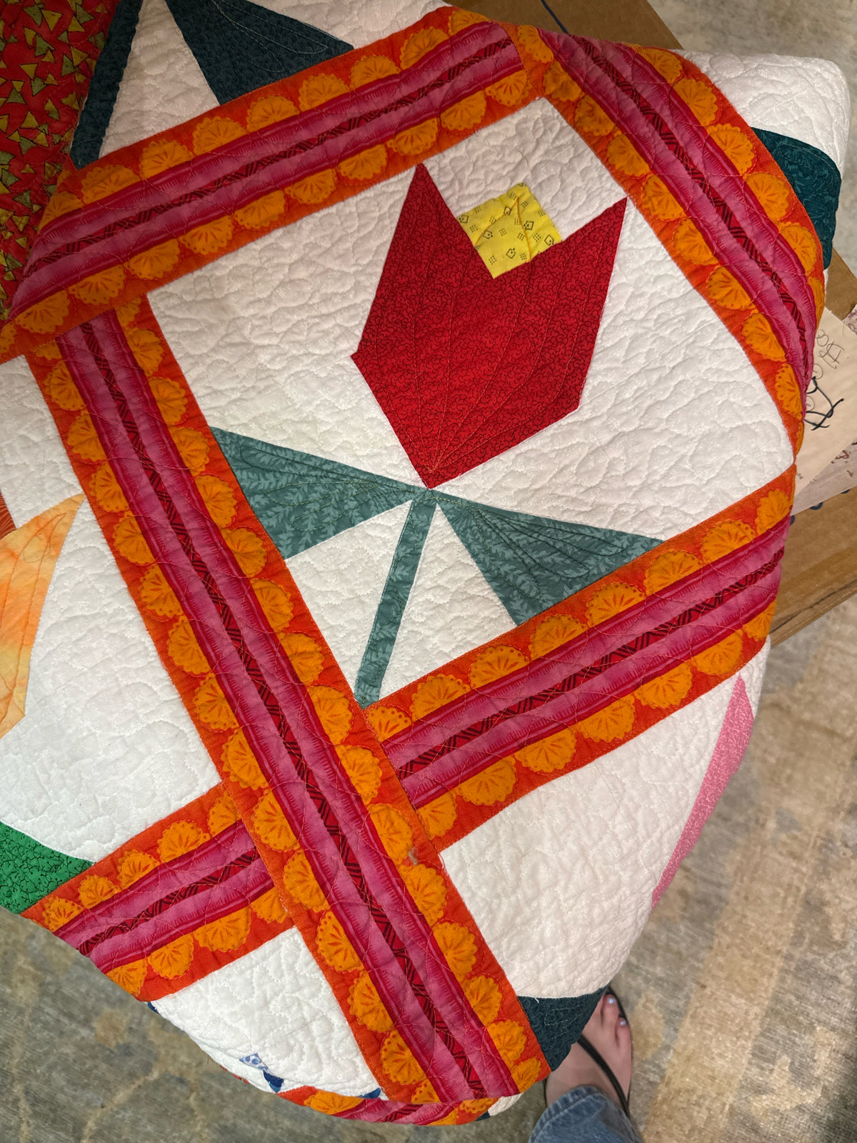 Handmade Quilt of Multi-colored Tulip Flowers Red/Pink/Orange/Green