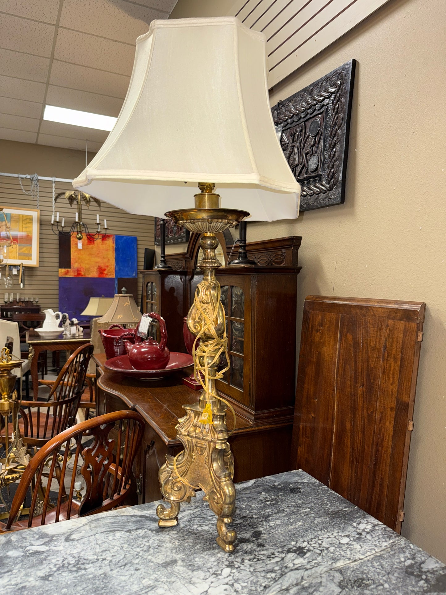 Pair Solid Brass Buffet Lamps w/Silk Shade