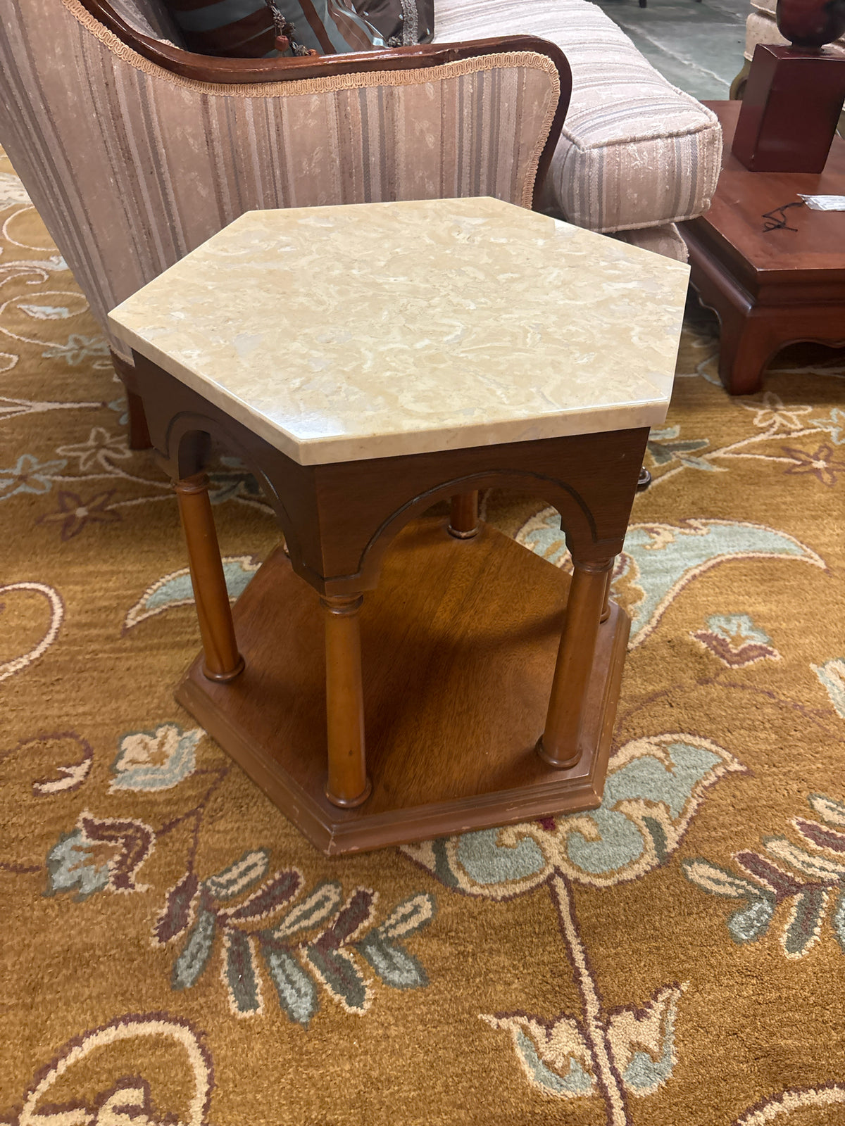 Vintage NeoClassical Hexagon Shaped Wood Side Table w/ Marble Top