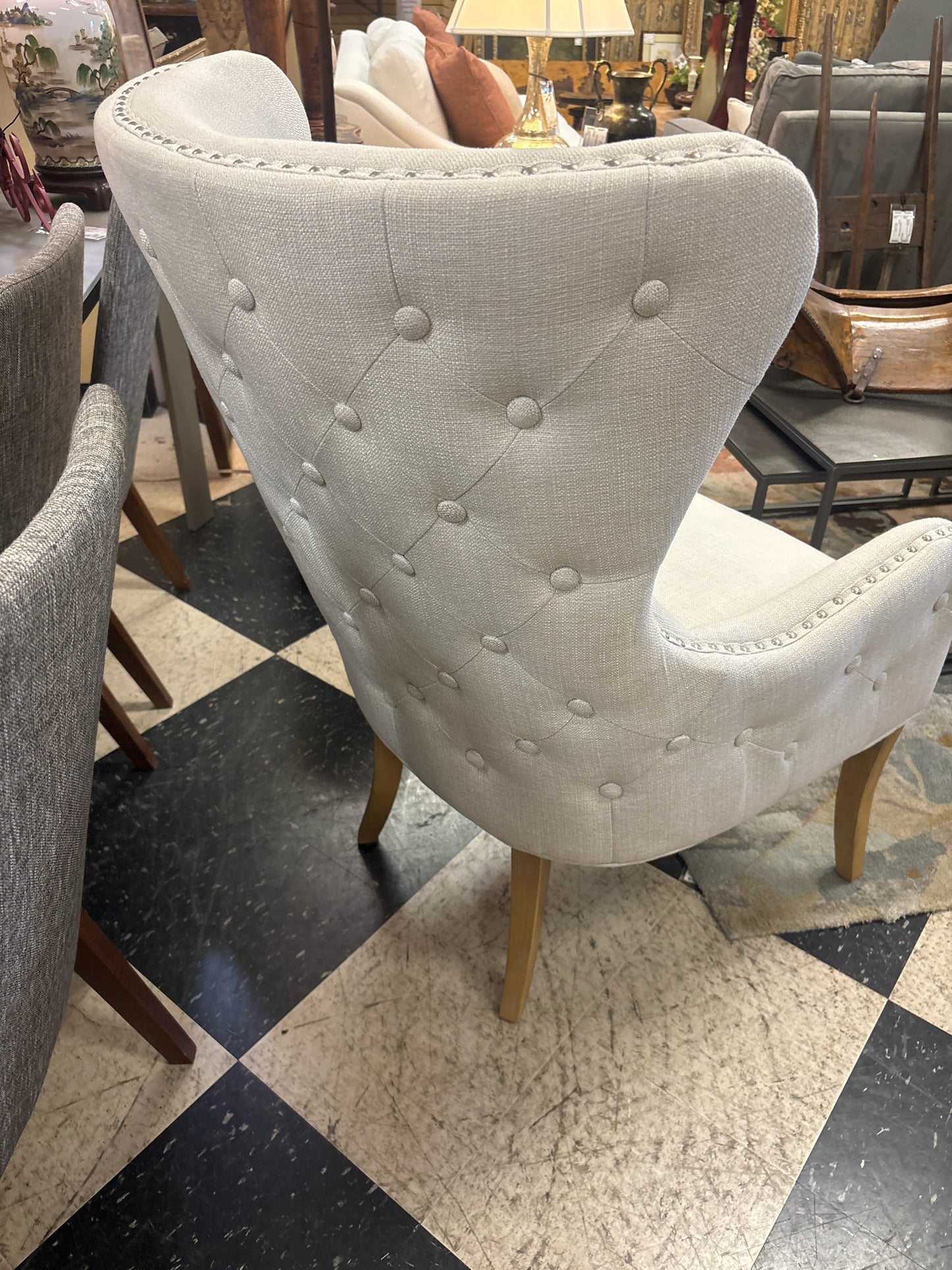 White Wingback Chair w/ Silver Nailheads and Tufted Back