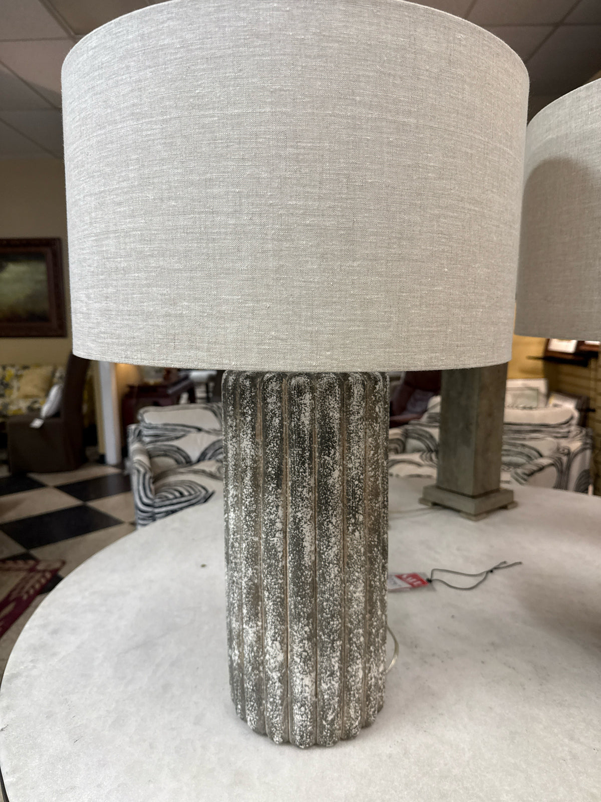 Pair Currey & Co. Concrete Lamps w/ Round Linen Shades
