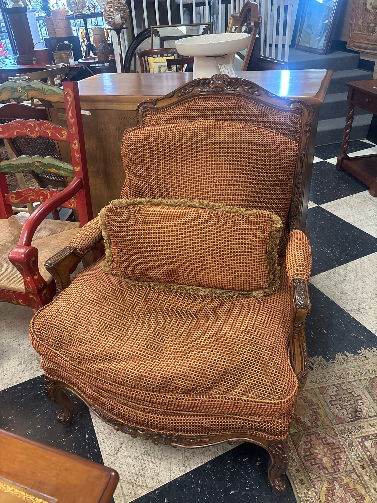 Sherrill Bergere Arm Chair w/ Red & Gold Upholstery