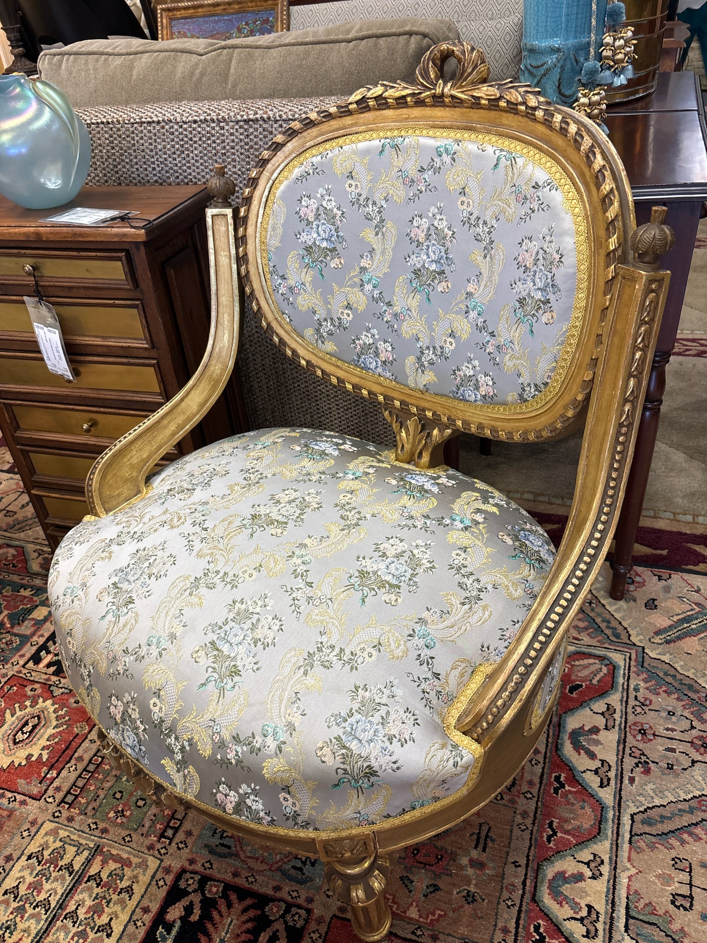 Antique Decorative Chair w/Silk Upholstery Gold Wood Legs