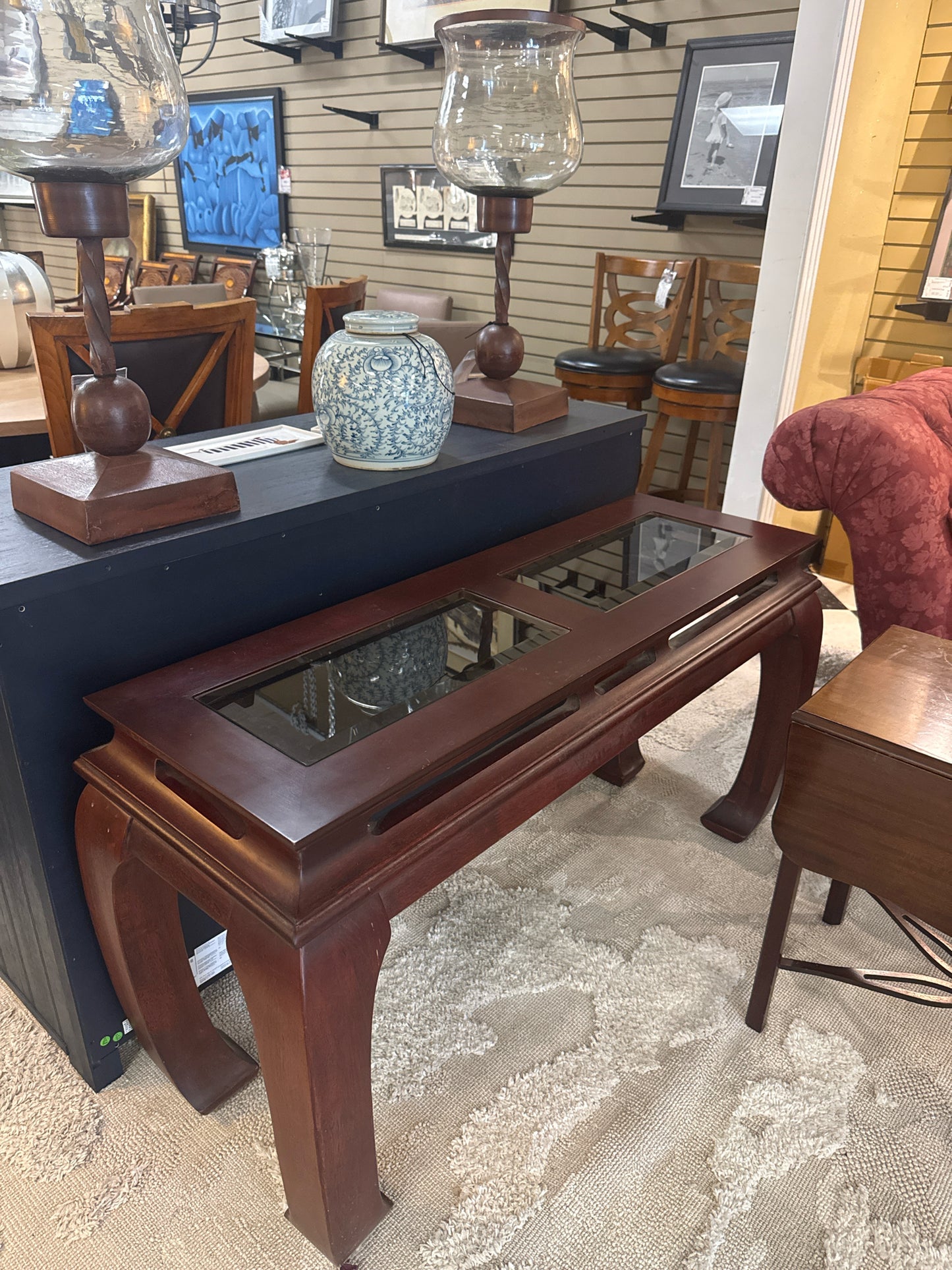 Vintage Chinoiserie Ming-style Console Table w/Beveled Glass Panels & Chow Legs