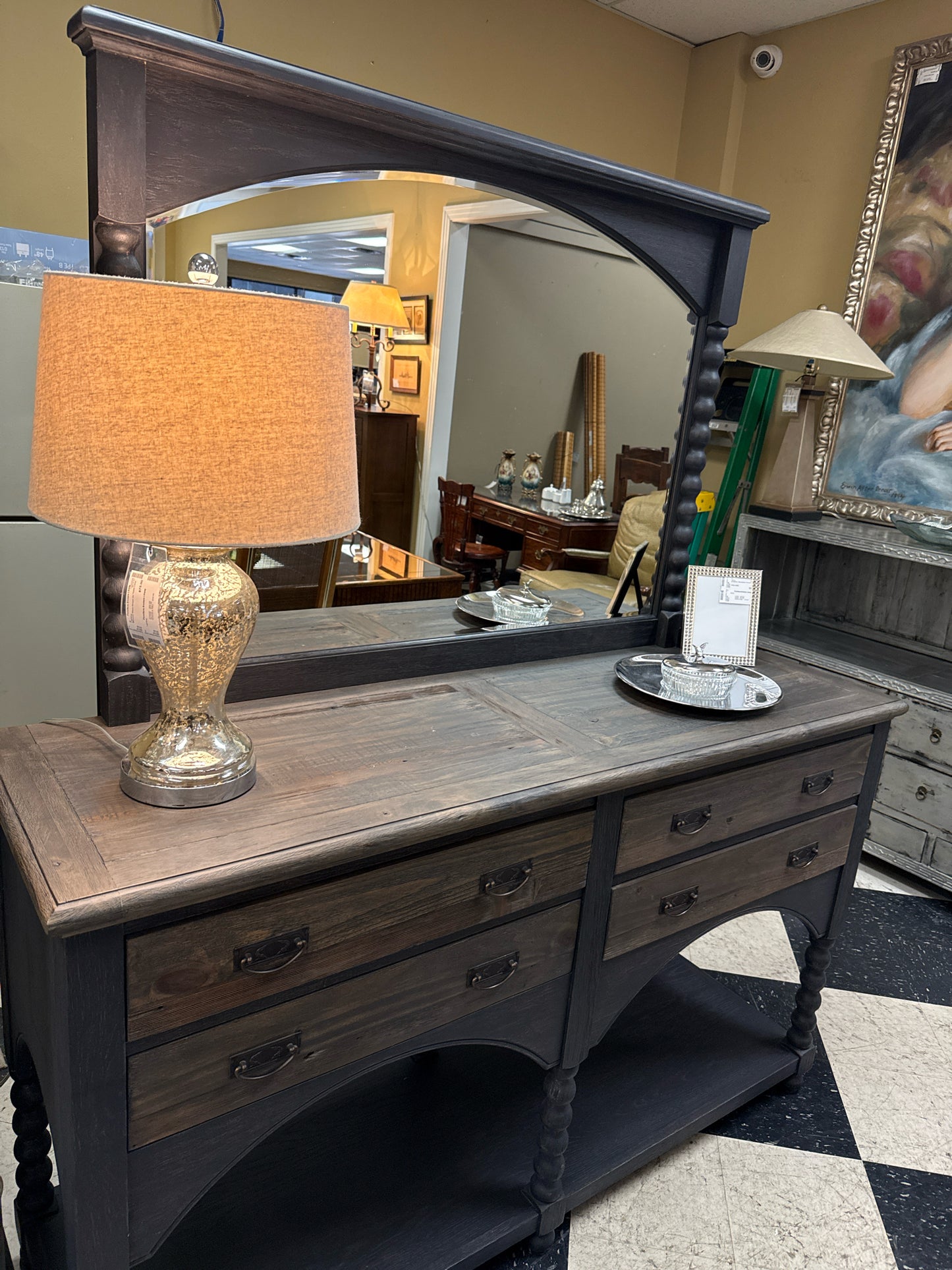 Grey Hutch w/Oversized Mirror & 4 Drawers w/Antique Black Finished Legs