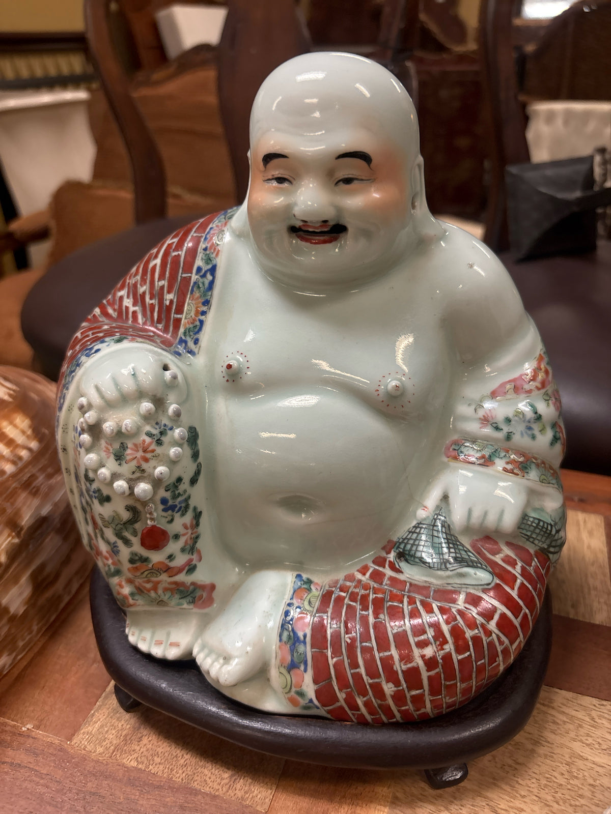 Porcelain "Laughing Buddha" on Wood Base