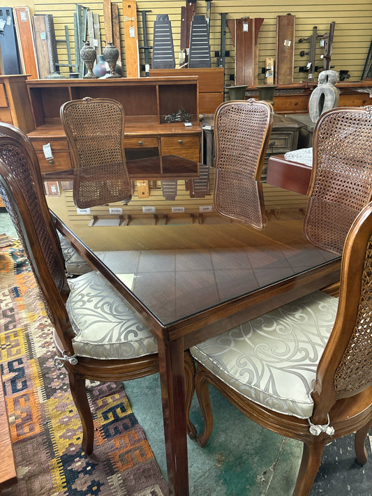 Danish Wood Dining Table w/ 2 Extendable Leaves & Custom Glass Top