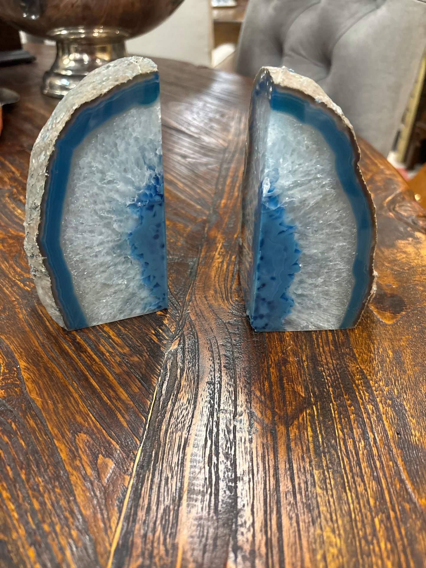Pair of Polished Blue Agate Geode Book Ends
