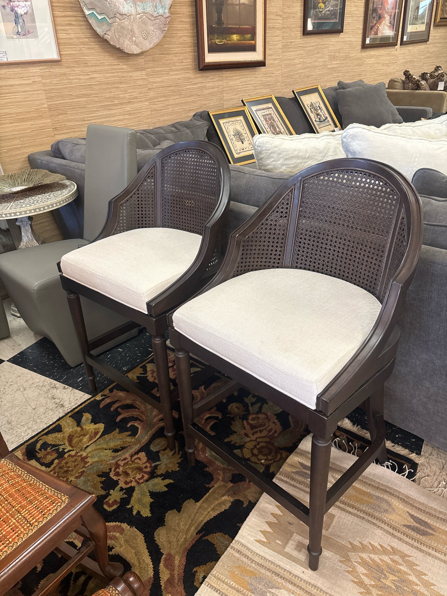 PAIR of Frontgate Paola Swivel Counter Stools w/ Cane Backs