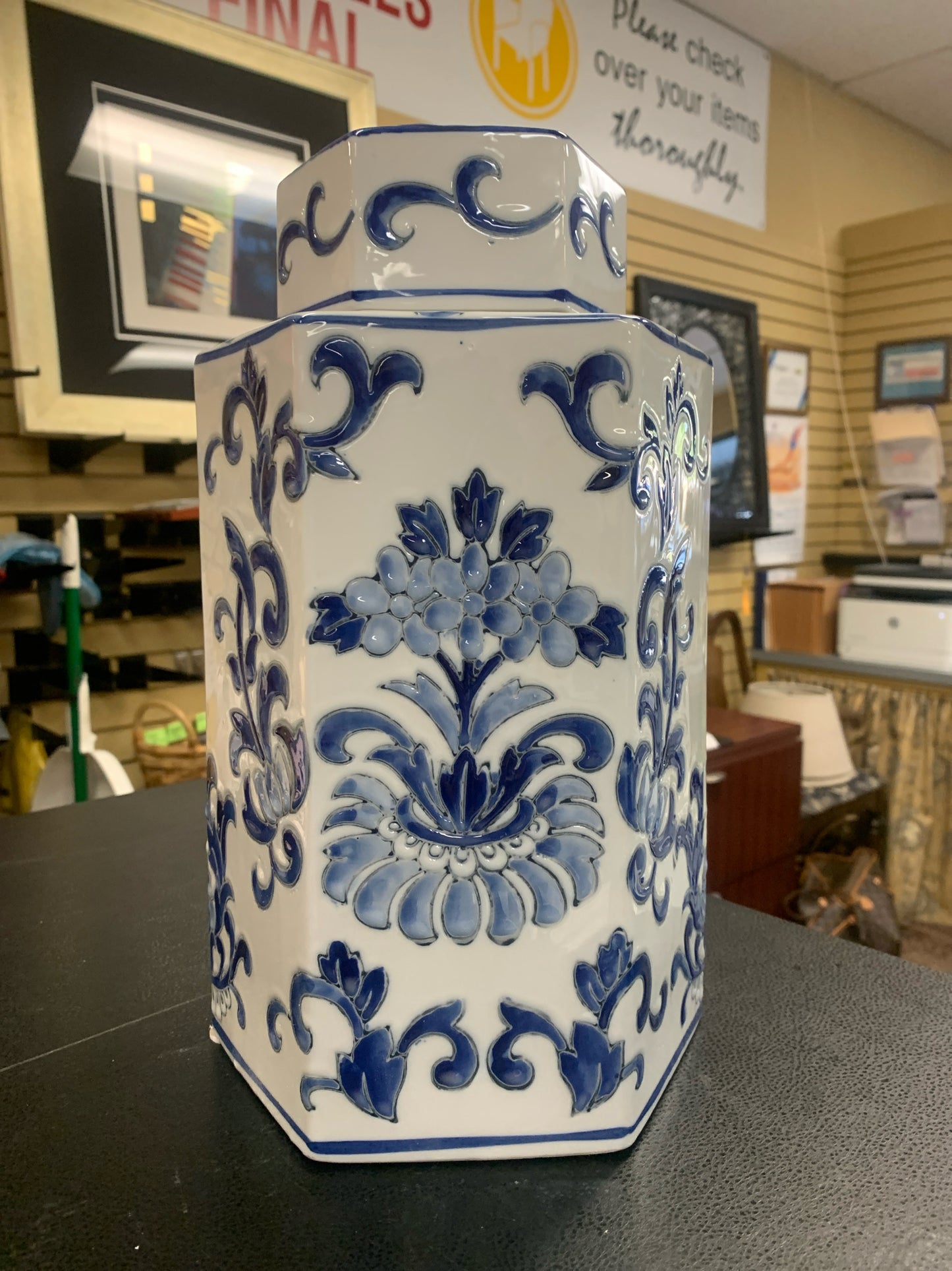 Hexagonal Blue & White Floral Ginger Jar w/ Lid 13"
