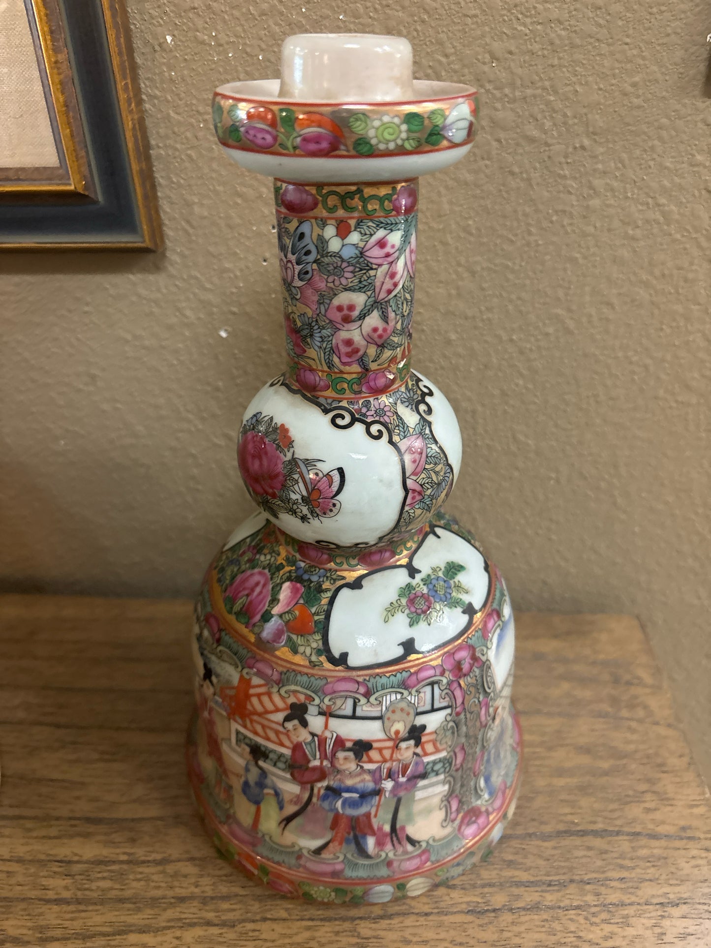12" Rose Medallion Hand Painted Porcelain Candlestick