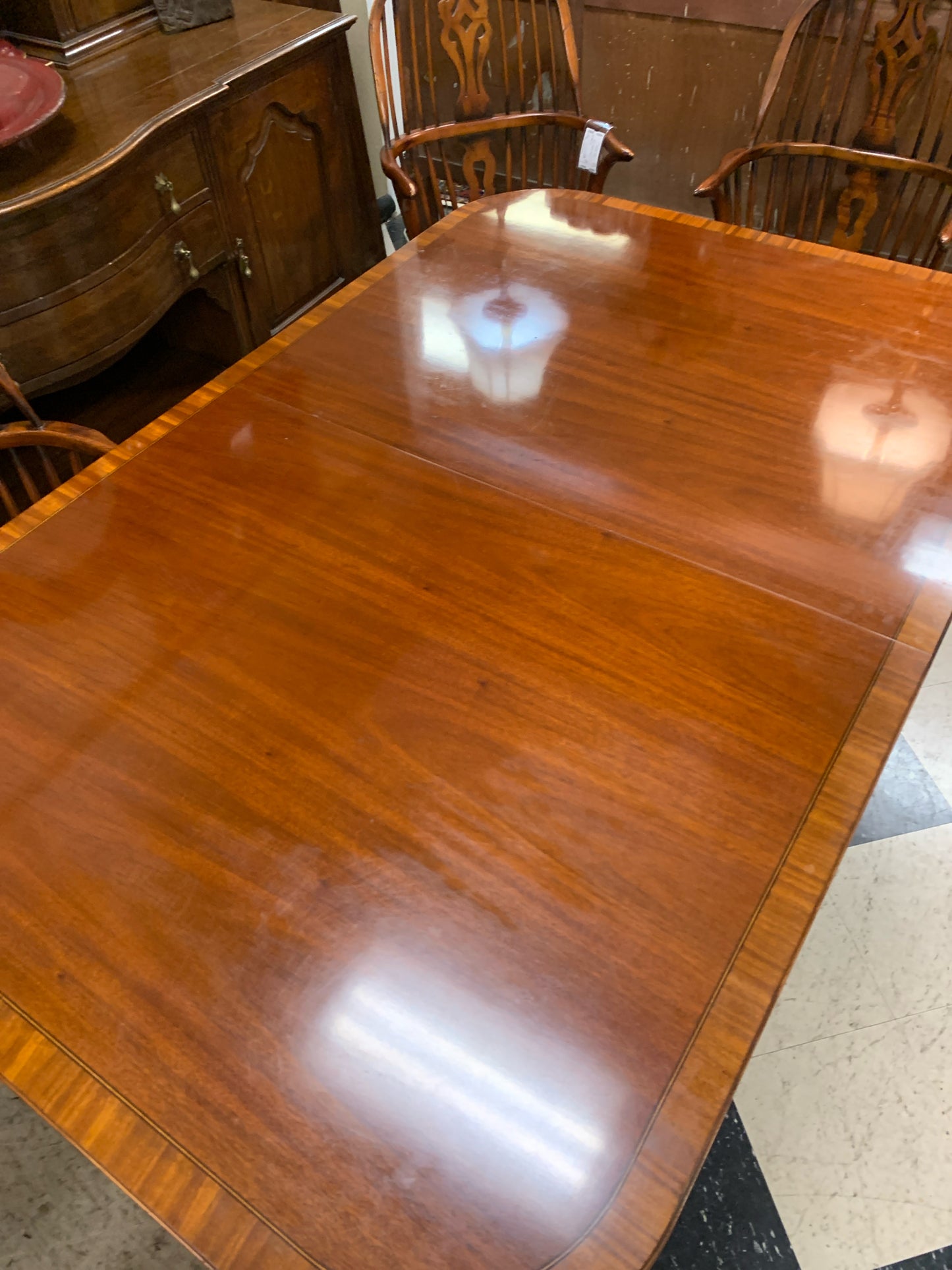 Maitland SmitInlaid Wood/Brass Claw Feet Double Pedl Dining Table w/2 Leaves