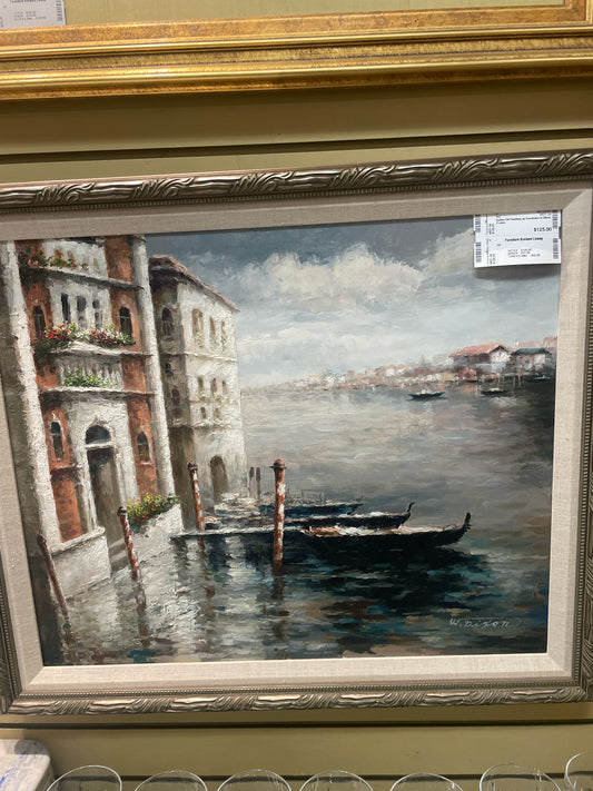 Italian Oil Painting w/ Gondolas in Silver Frame