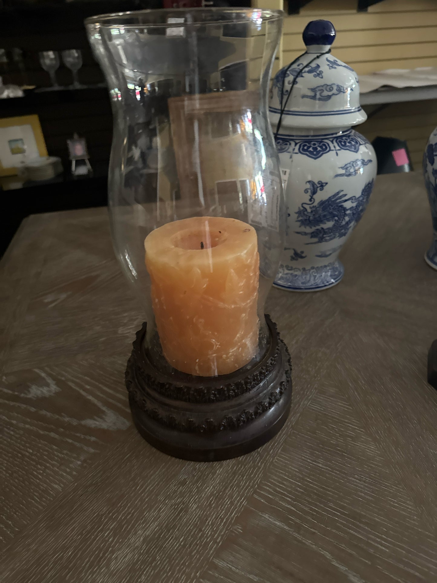 Maitland Smith Candler Holder w/Amber Candle/Glass Hurricane