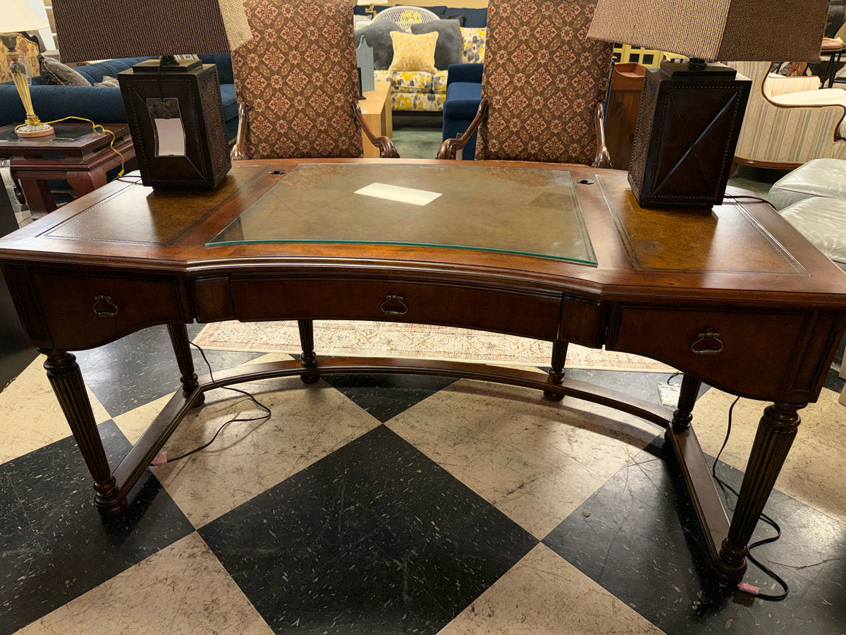 Century- Curved 3-drawer Desk w/Leather Inlay/Glass Top