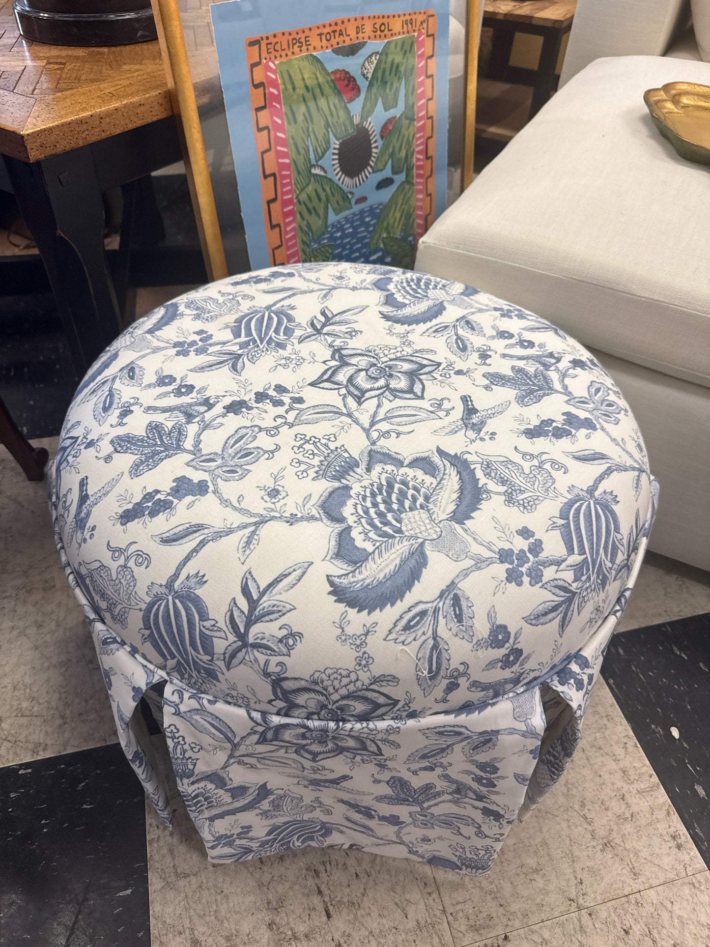 Blue & White Round Skirted Ottoman- One Kings Lane Liza