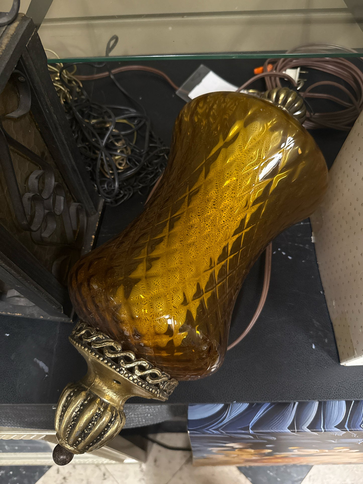 Vintage MCM Hour Glass Diamond Print Amber Glass Brass Swag Lamp