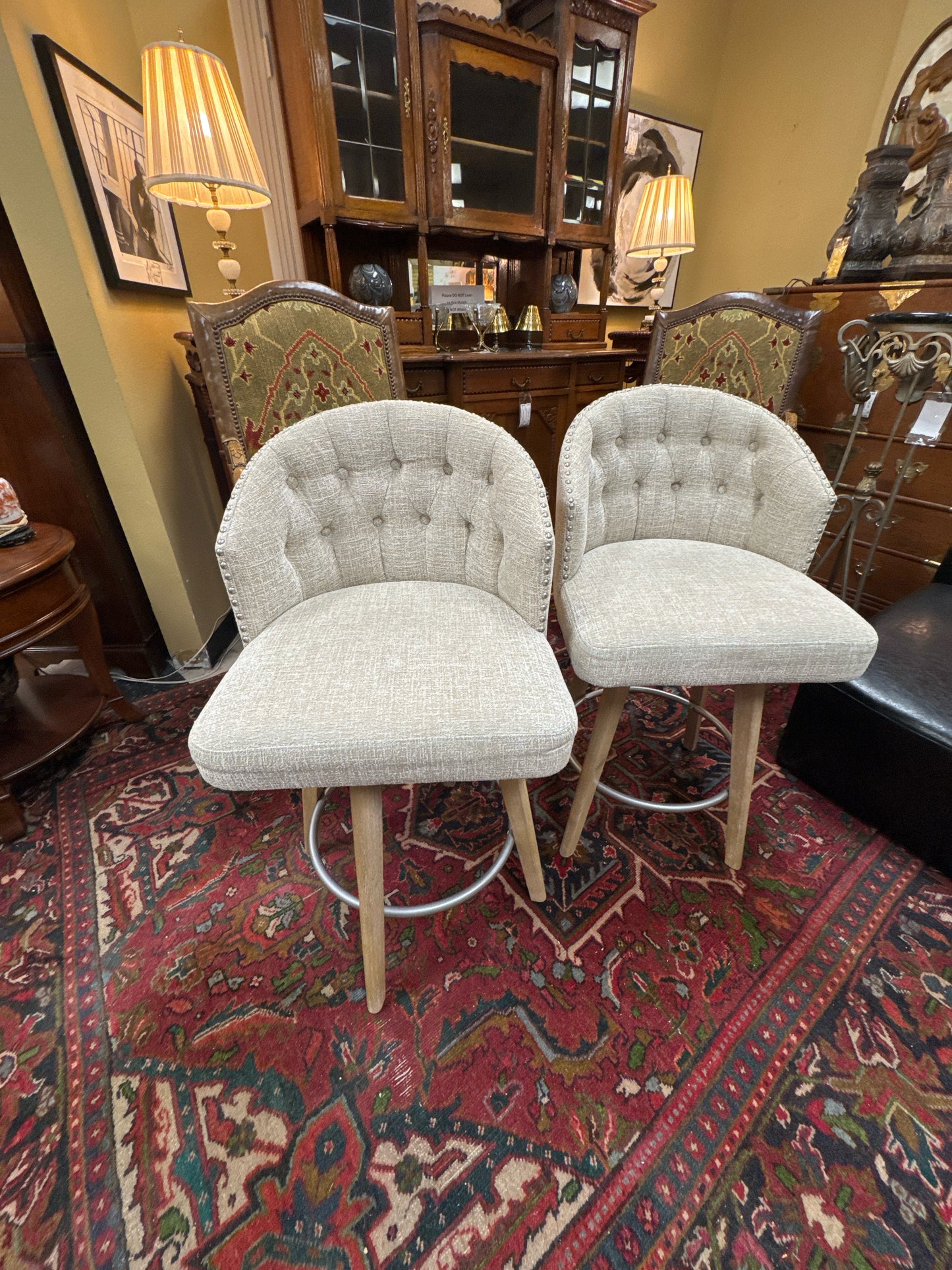 SET of 4 Madison Park Swivel Counterstools Cream/Tan w/Silver Nailhead