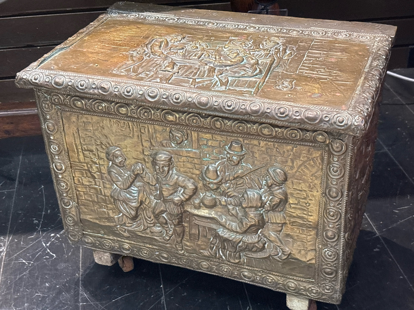 Brass & Wood Coal Box on Wheels
