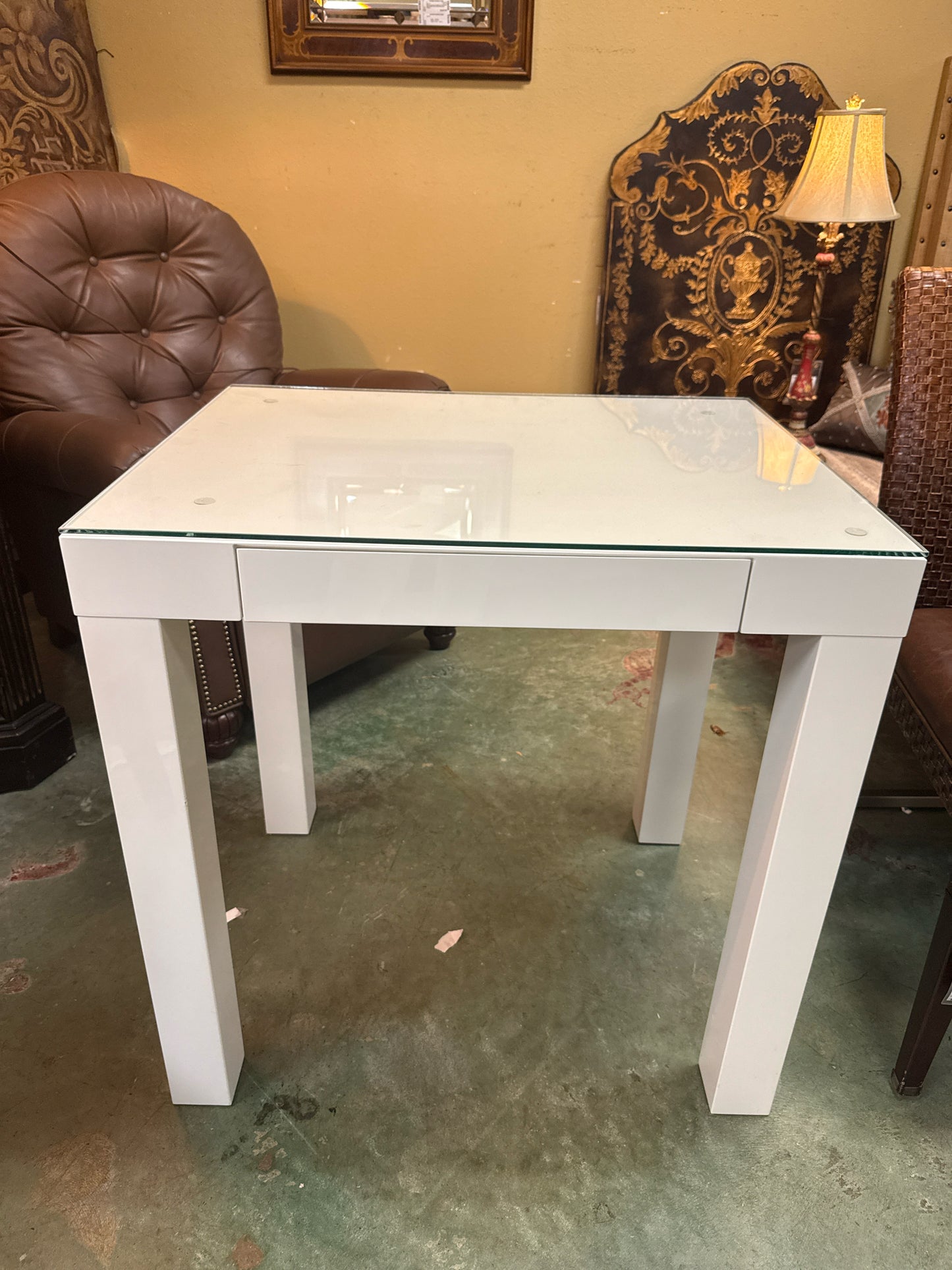 White Parson's Style Lacquer Square Vanity/Desk w/Glass Top & 1 Drawer (30x24)