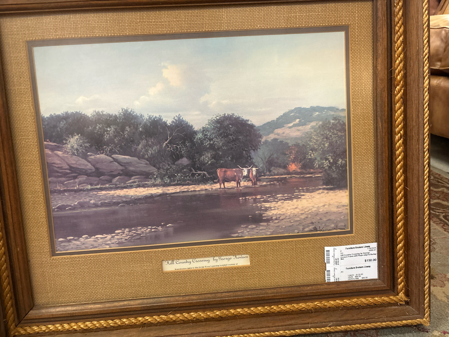 Hill Country Crossing by George Kovacs Frame with Rope edge & Burlap Mat