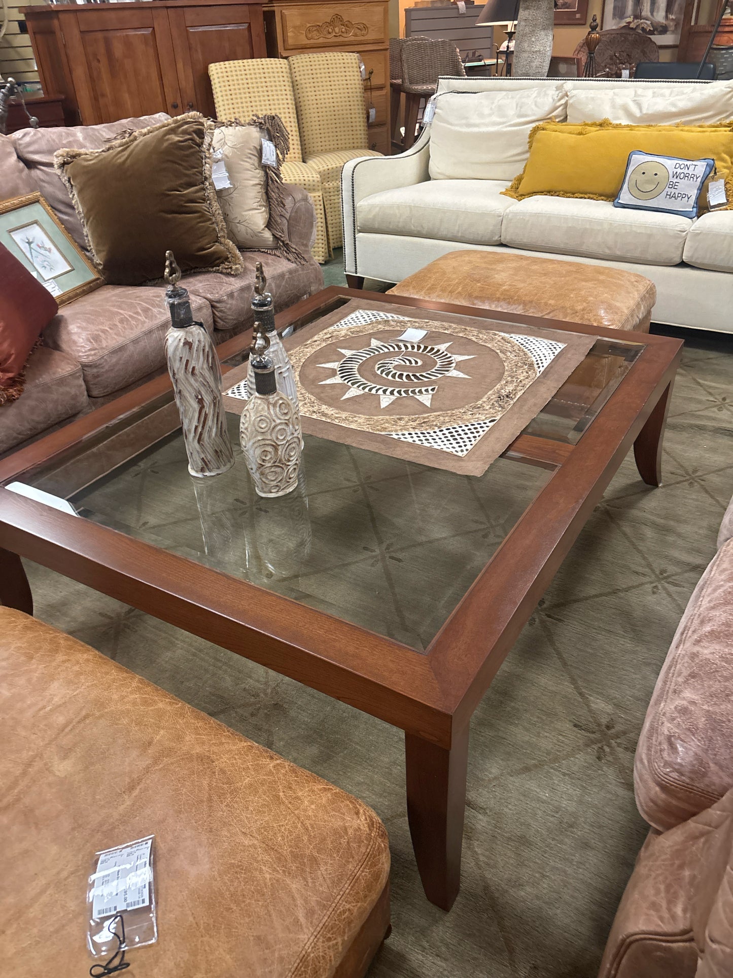 Custom Rectangular Wood Coffee Table w/ Beveled Glass 54x45x18