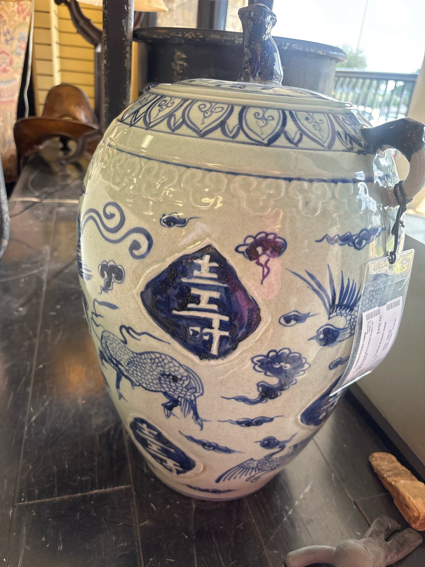 Vintage Large Blue & White Ginger Jar w/Foo Dog Lid