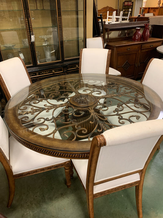 60" Round Pedestal Dining Table w/ Glass Top & 6 White Chairs