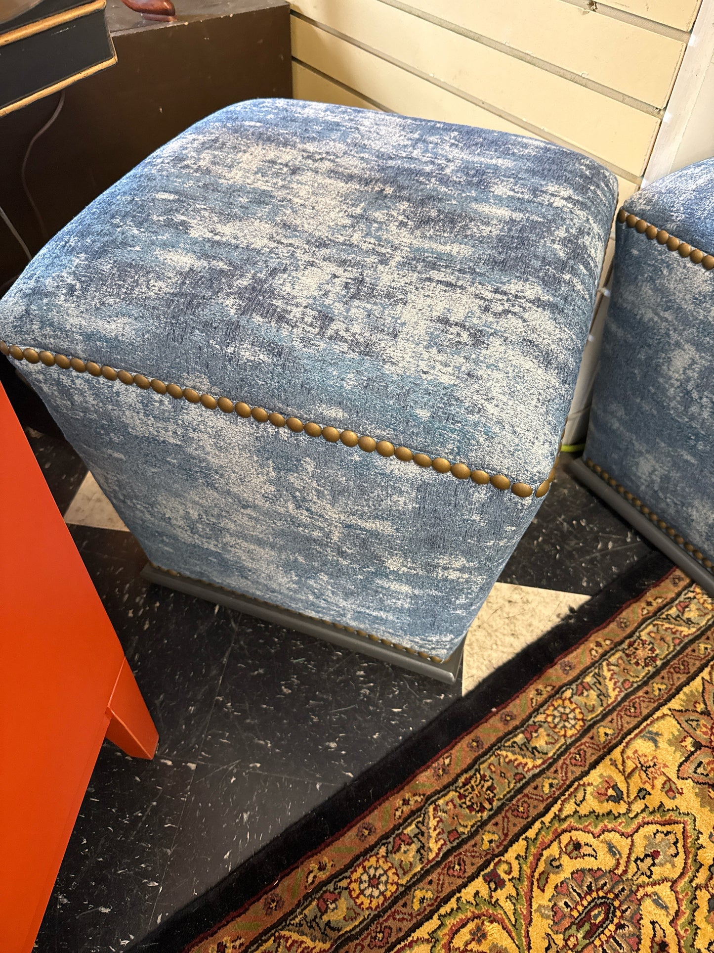 Sam Moore Hooker Blue & White Swivel Chair w/Matching Footstool