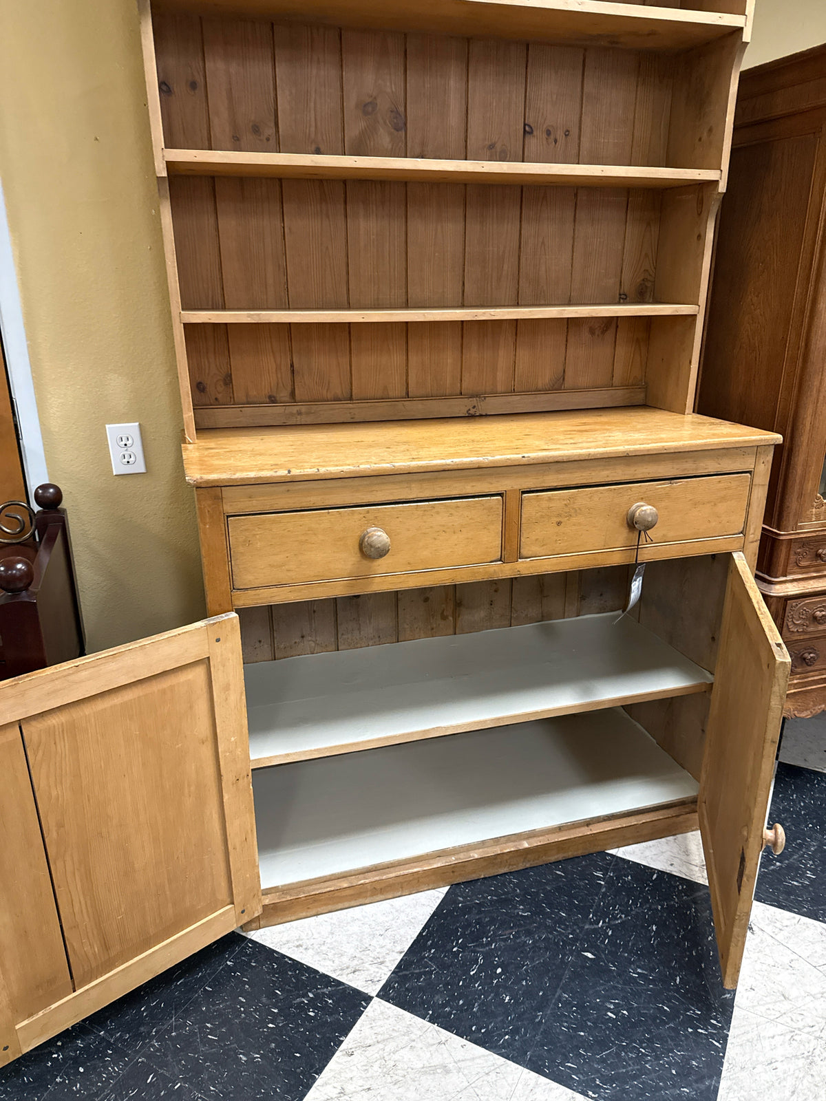 Vintage Solid Pine Hutch w/ Display Shelves 2 Door /Drawer Base- Round Top