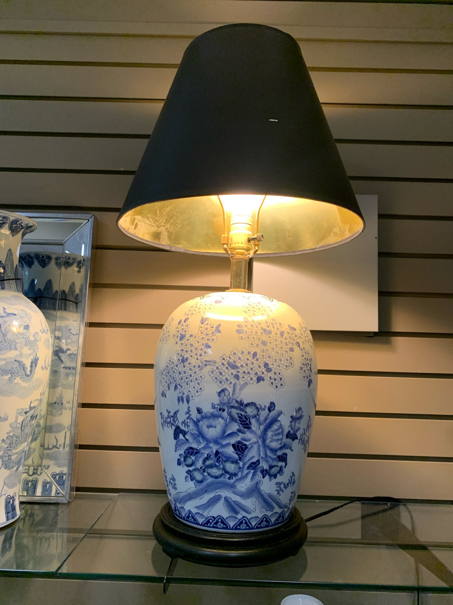 Asian Blue/White Table Lamp w/ Black Shade 30"