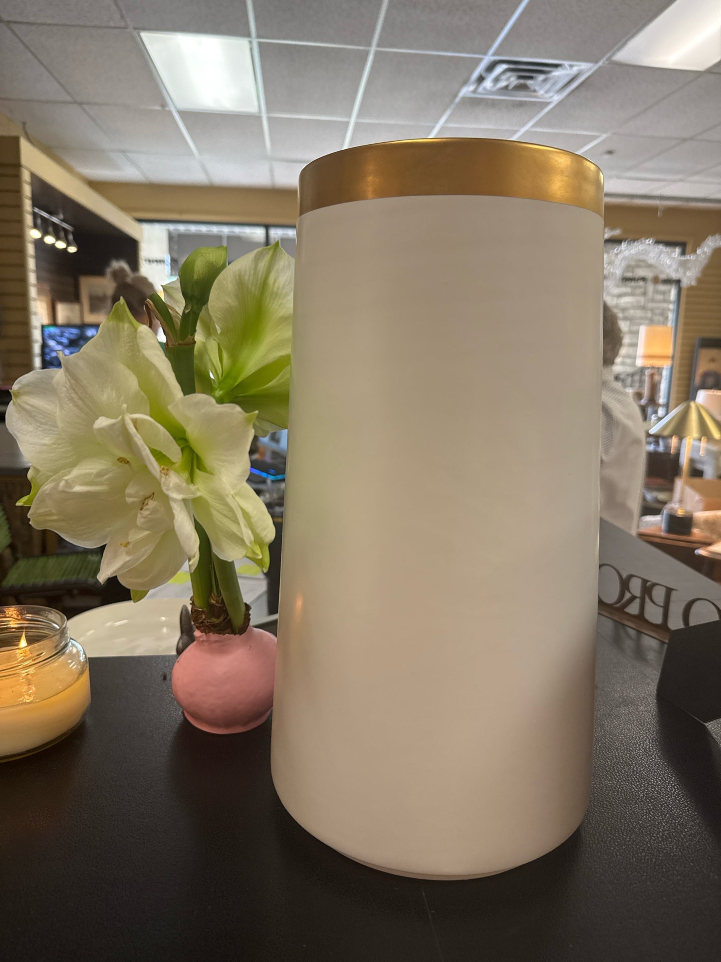 Barbara Barry Tall Gold Banded Vase/Planter (15.5"H x 7 3/4"D)